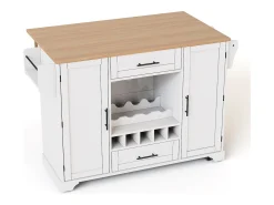 Isla de cocina con ruedas con 2 puertas, 2 cajones y botellero - Blanco - Madera MDF