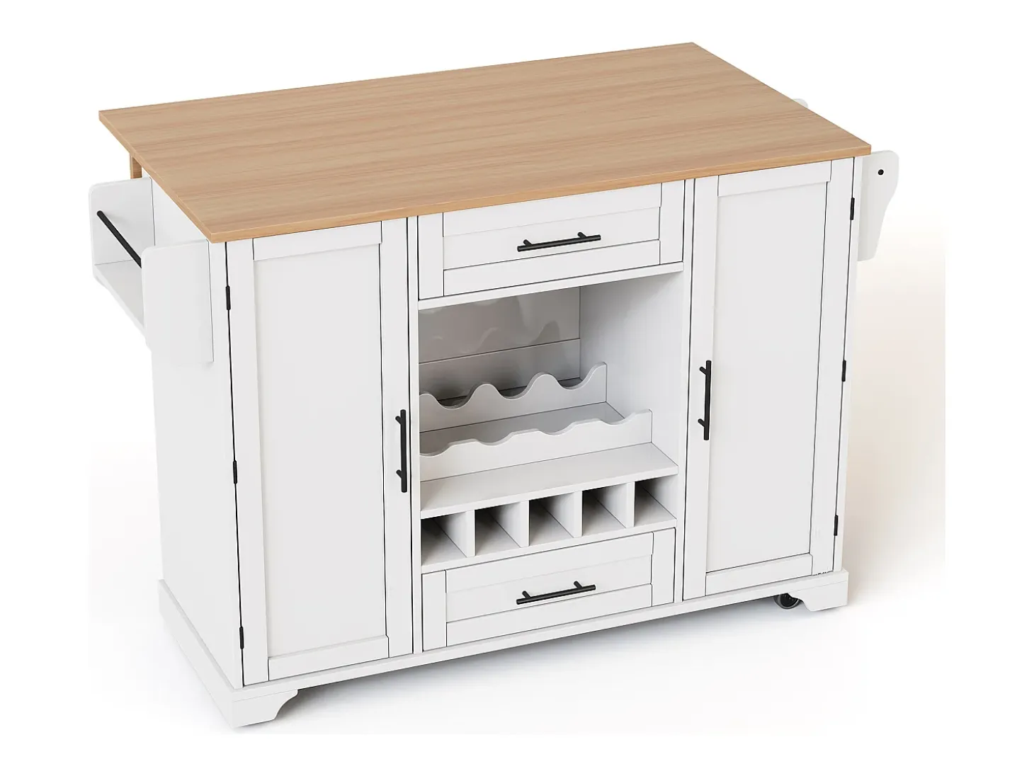 Isla de cocina con ruedas con 2 puertas, 2 cajones y botellero - Blanco - Madera MDF