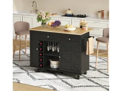 Isla de cocina con ruedas - Con 2 cajones, puerta y botellero - Negro 120 x 45(70) x 89 cm