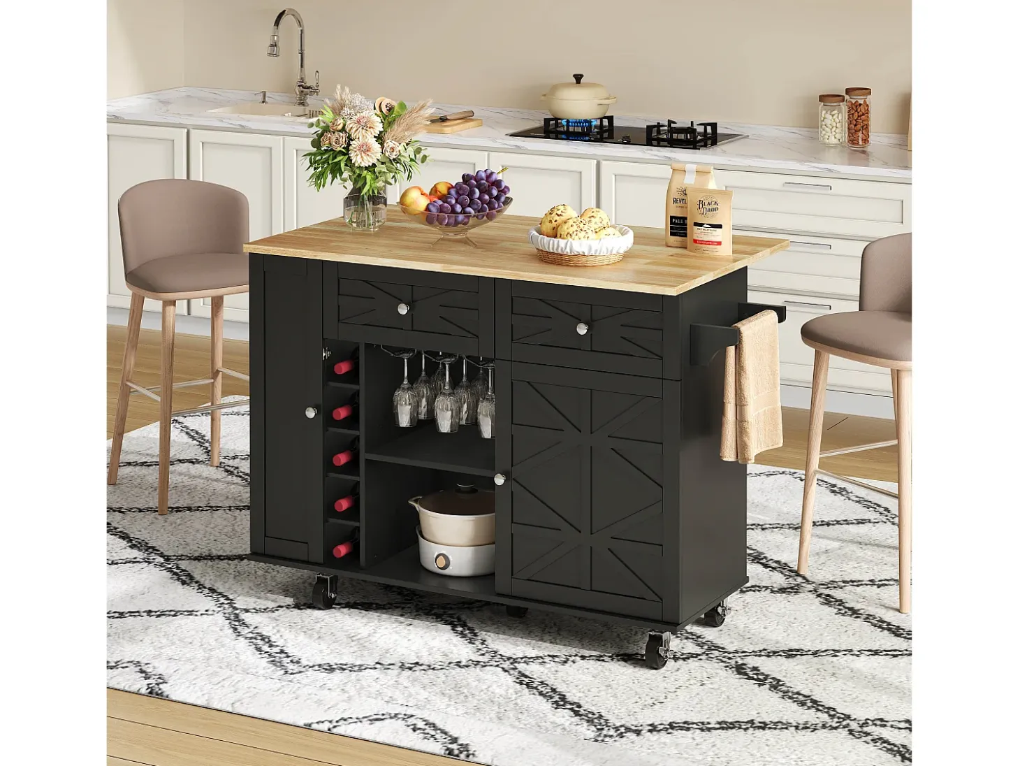 Isla de cocina con ruedas - Con 2 cajones, puerta y botellero - Negro 120 x 45(70) x 89 cm