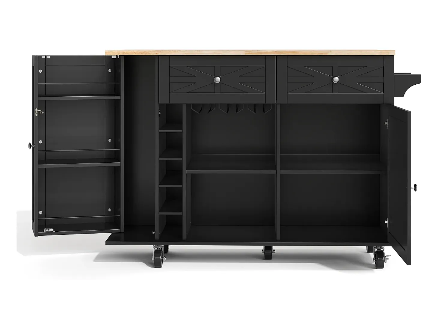 Isla de cocina con ruedas - Con 2 cajones, puerta y botellero - Negro 120 x 45(70) x 89 cm