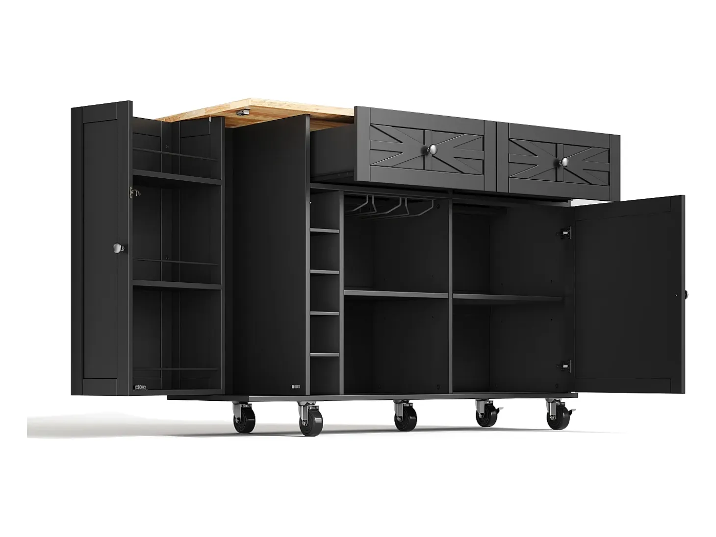 Isla de cocina con ruedas - Con 2 cajones, puerta y botellero - Negro 120 x 45(70) x 89 cm