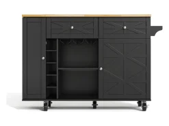 Isla de cocina con ruedas - Con 2 cajones, puerta y botellero - Negro 120 x 45(70) x 89 cm
