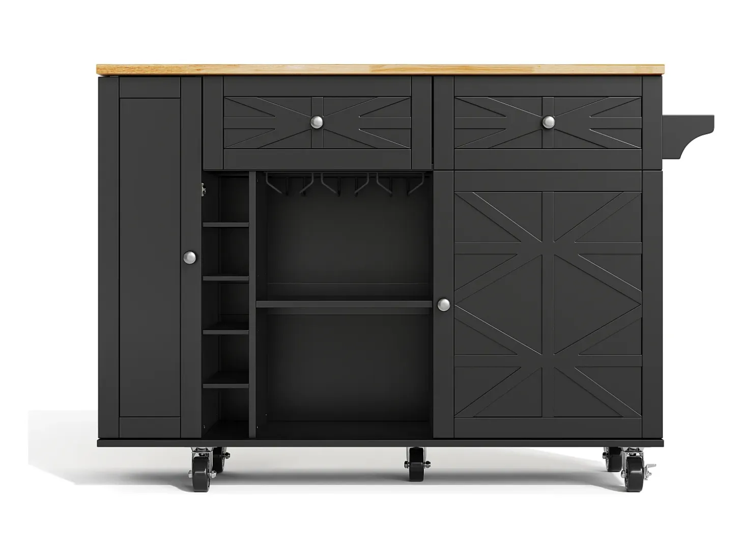 Isla de cocina con ruedas - Con 2 cajones, puerta y botellero - Negro 120 x 45(70) x 89 cm