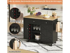 Isla de cocina con ruedas - Con 2 cajones, puerta y botellero - Negro 120 x 45(70) x 89 cm