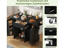 Isla de cocina con ruedas - 120 x 45/70 x 95 cm - con encimera abatible + 4 puertas + 1 cajón - MDF - negro