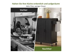 Isla de cocina con ruedas - 120 x 45/70 x 95 cm - con encimera abatible + 4 puertas + 1 cajón - MDF - negro