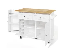 Isla de cocina con ruedas - Con 2 cajones, puerta y botellero - Blanco 120 x 45(70) x 89 cm