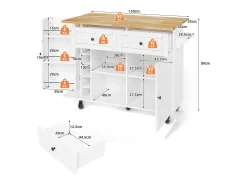 Isla de cocina con ruedas - Con 2 cajones, puerta y botellero - Blanco 120 x 45(70) x 89 cm