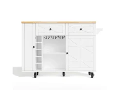 Isla de cocina con ruedas - Con 2 cajones, puerta y botellero - Blanco 120 x 45(70) x 89 cm