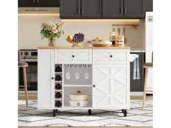 Isla de cocina con ruedas - Con 2 cajones, puerta y botellero - Blanco 120 x 45(70) x 89 cm