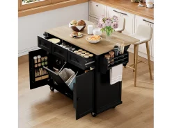 Isla de cocina con ruedas - 131,2 x 46,2/76,2 x 92,7 cm - encimera abatible - con 3 puertas + 3 cajones - MDF - negro