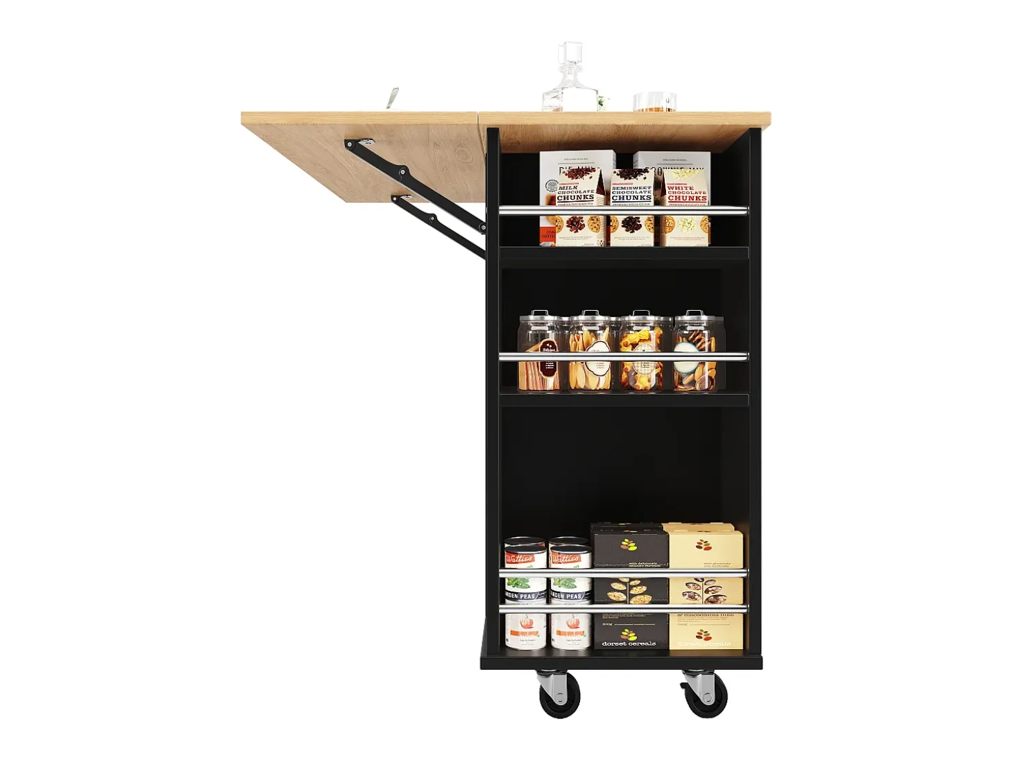 Isla de cocina con tabiques extraíbles, encimera, MDF y metal, color negro (120x42x91,5 cm)