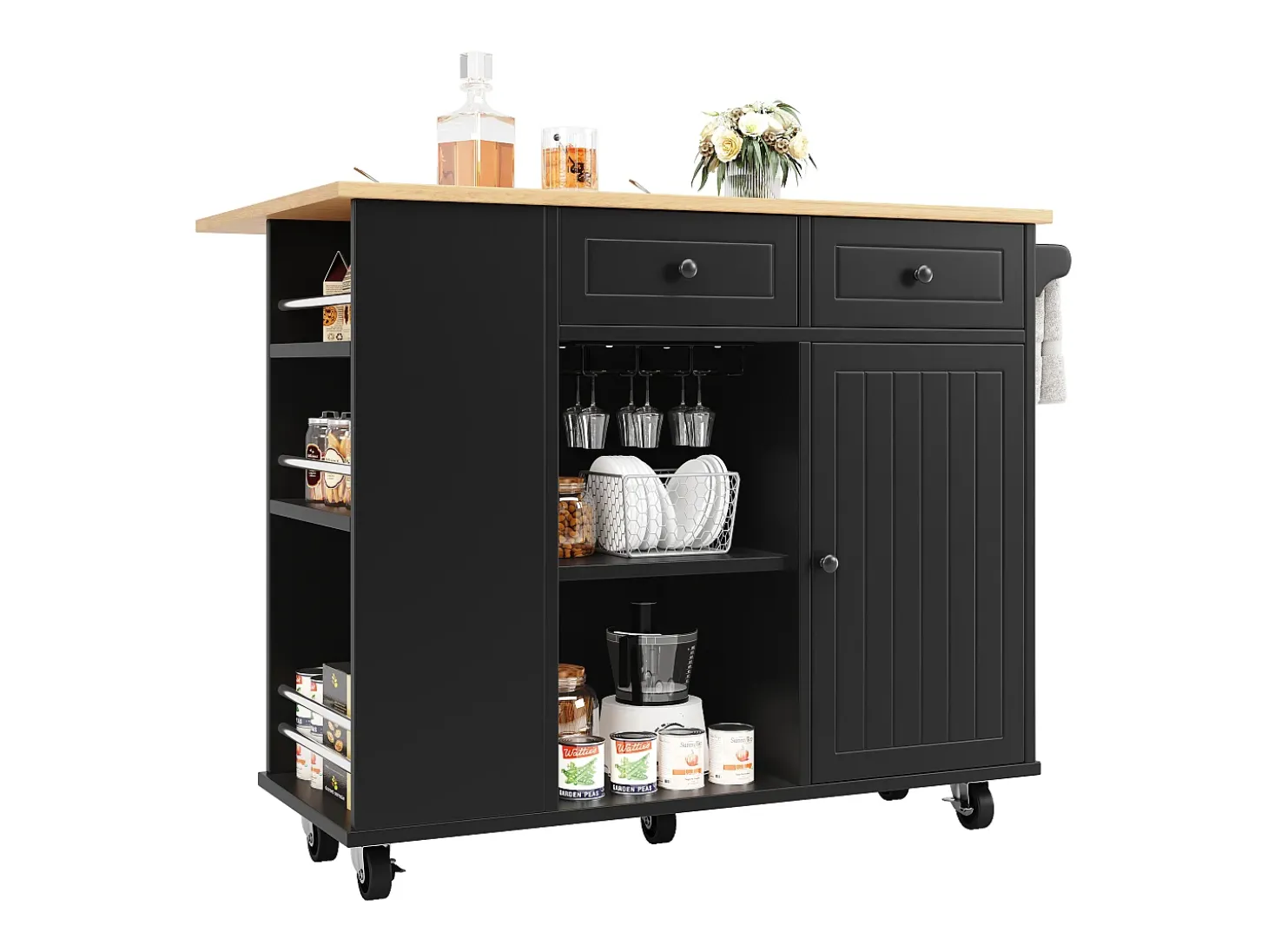 Isla de cocina con tabiques extraíbles, encimera, MDF y metal, color negro (120x42x91,5 cm)