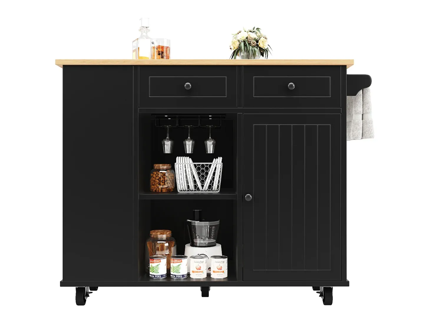 Isla de cocina con tabiques extraíbles, encimera, MDF y metal, color negro (120x42x91,5 cm)