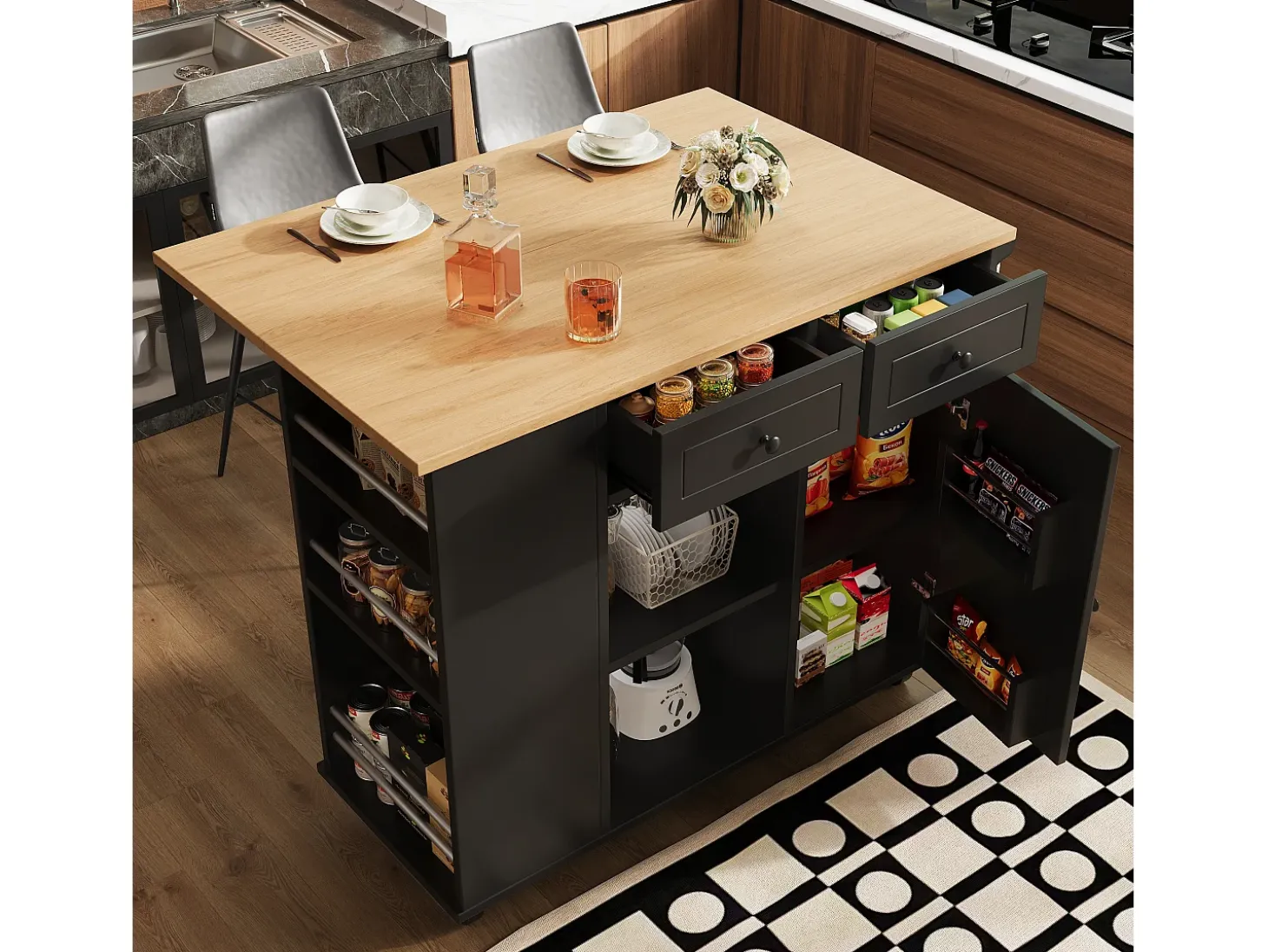 Isla de cocina con tabiques extraíbles, encimera, MDF y metal, color negro (120x42x91,5 cm)