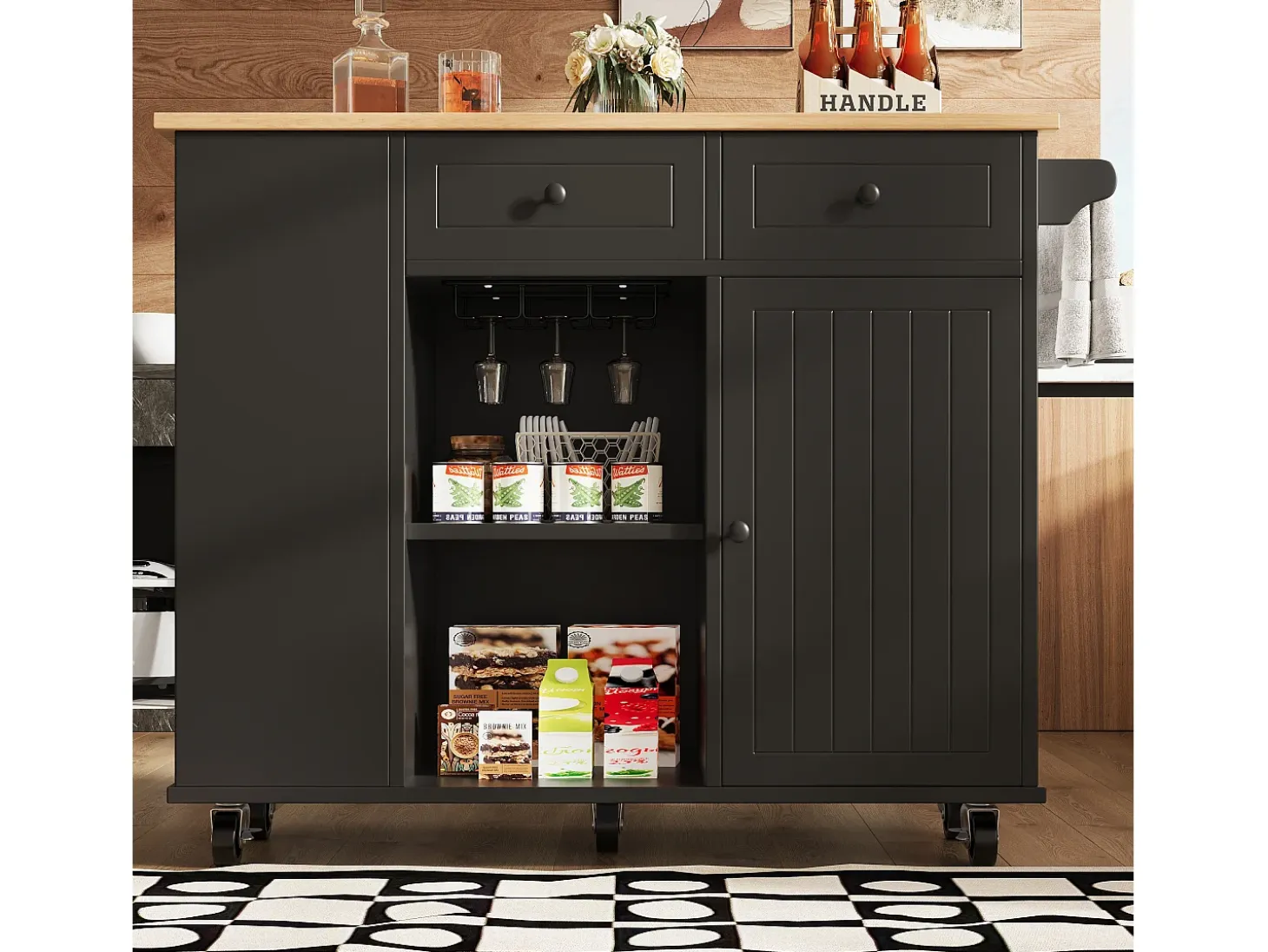 Isla de cocina con tabiques extraíbles, encimera, MDF y metal, color negro (120x42x91,5 cm)