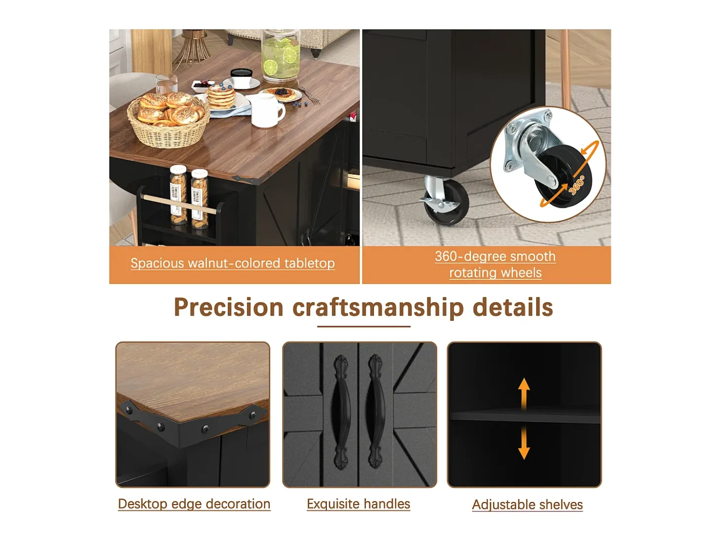Isla de Cocina con Tablero Retroiluminado, Diseño Moderno, MDF, Negro y Nogal, con 2 Puertas y 3 Cajones (140x45x92,5 cm)