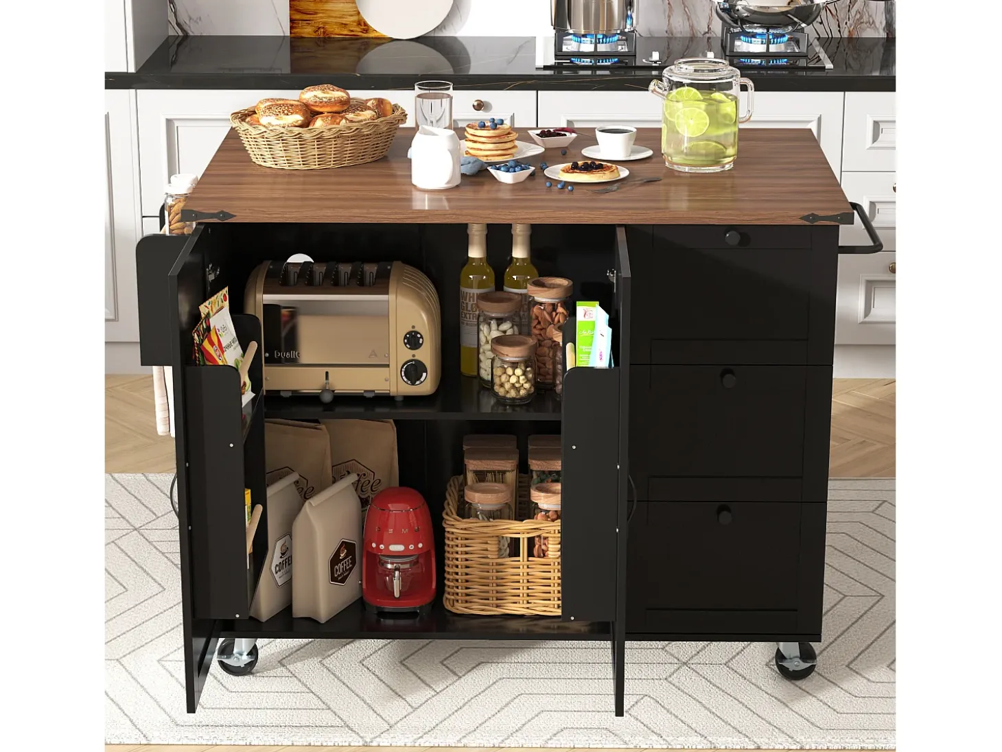 Isla de Cocina con Tablero Retroiluminado, Diseño Moderno, MDF, Negro y Nogal, con 2 Puertas y 3 Cajones (140x45x92,5 cm)
