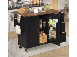 Isla de Cocina con Tablero Retroiluminado, Diseño Moderno, MDF, Negro y Nogal, con 2 Puertas y 3 Cajones (140x45x92,5 cm)