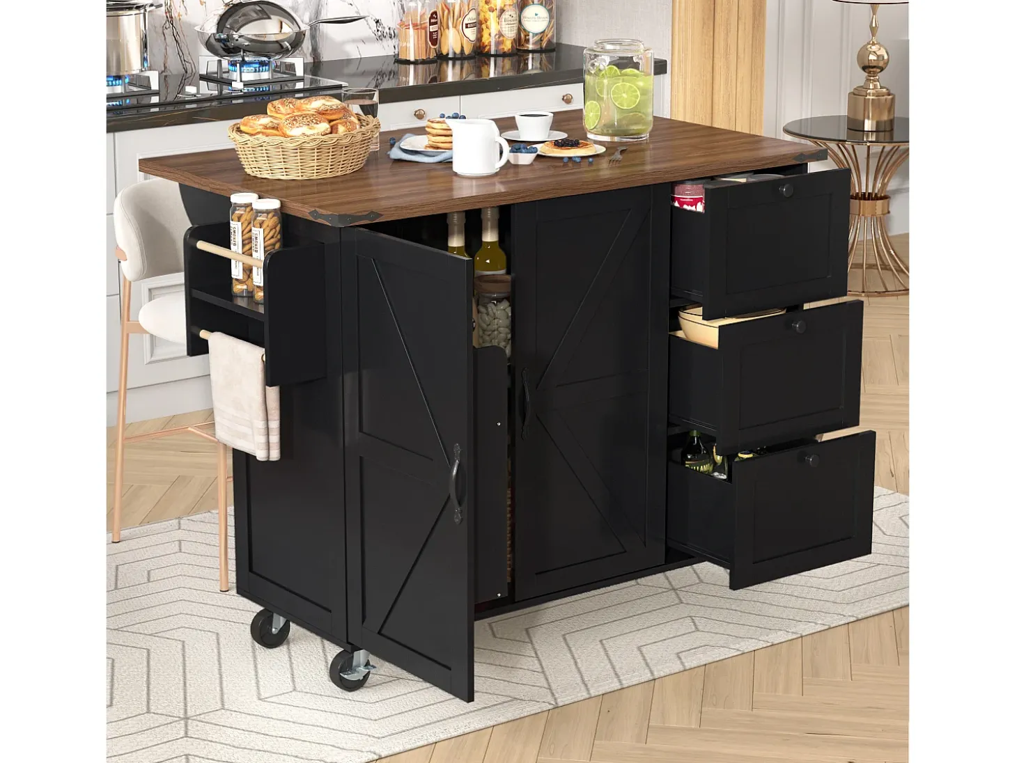 Isla de Cocina con Tablero Retroiluminado, Diseño Moderno, MDF, Negro y Nogal, con 2 Puertas y 3 Cajones (140x45x92,5 cm)
