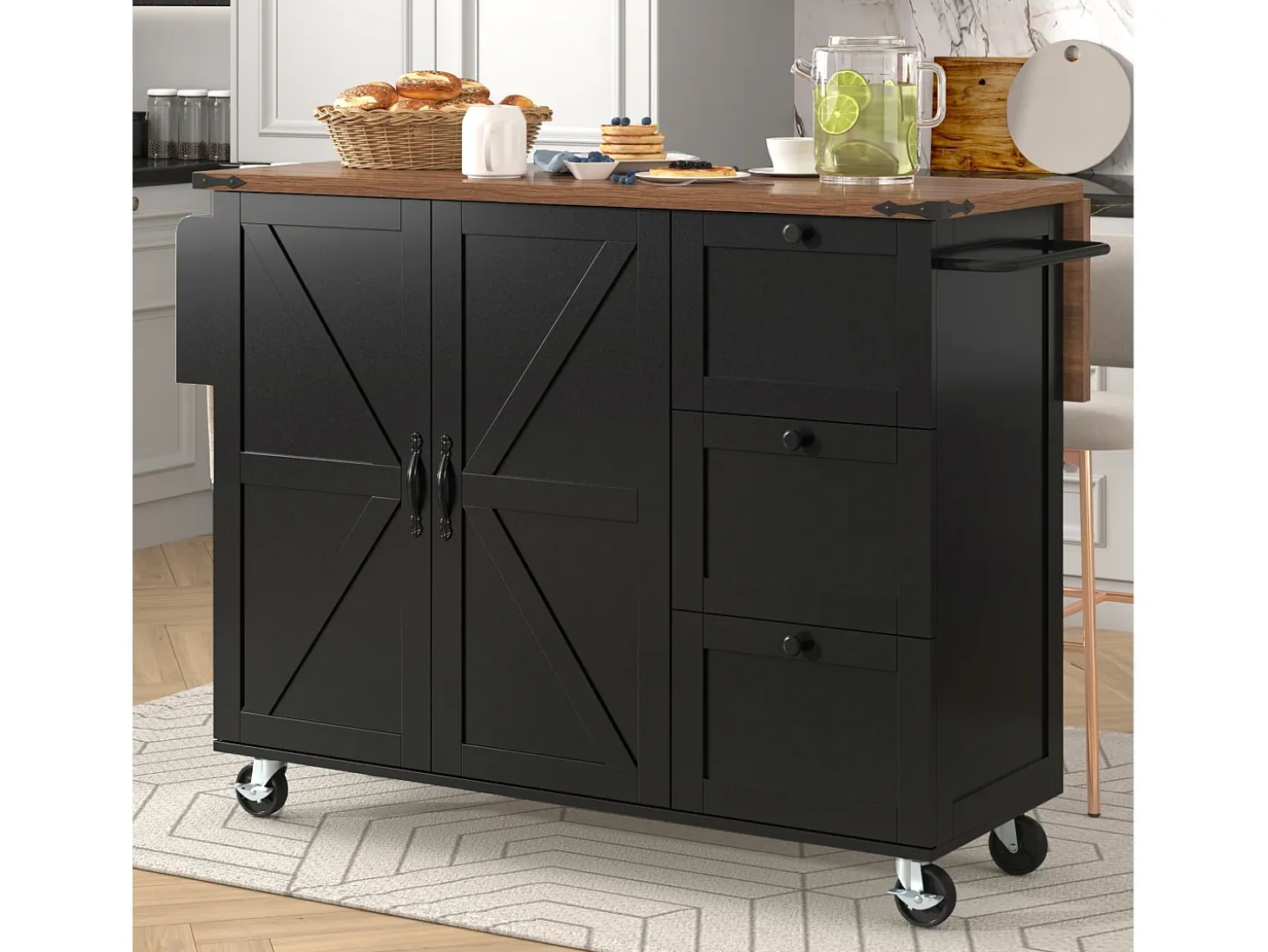 Isla de Cocina con Tablero Retroiluminado, Diseño Moderno, MDF, Negro y Nogal, con 2 Puertas y 3 Cajones (140x45x92,5 cm)