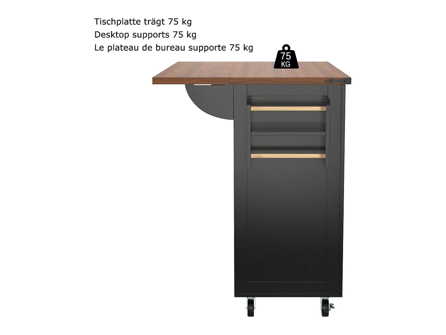 Isla de Cocina con Tablero Retroiluminado, Diseño Moderno, MDF, Negro y Nogal, con 2 Puertas y 3 Cajones (140x45x92,5 cm)