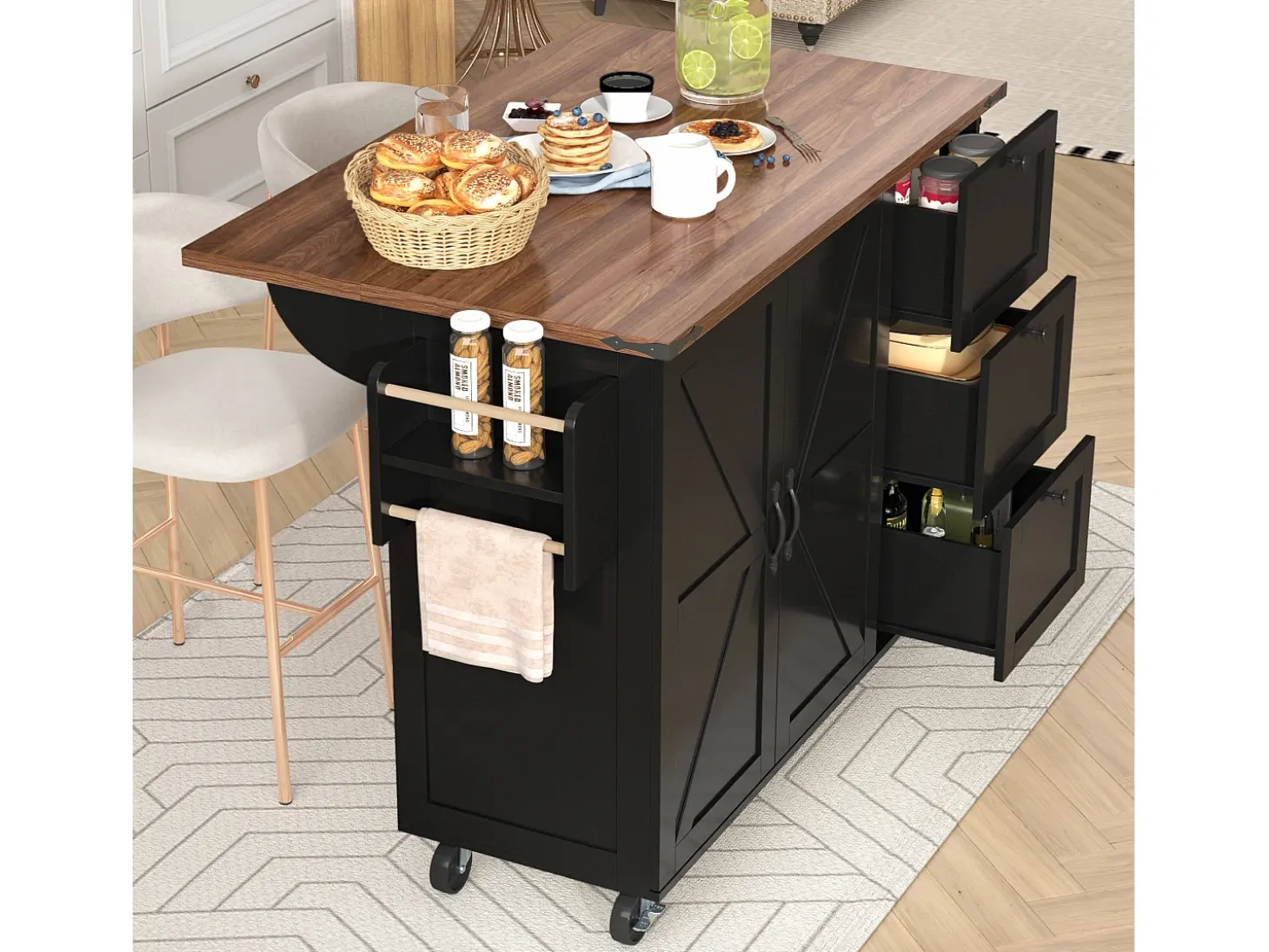 Isla de Cocina con Tablero Retroiluminado, Diseño Moderno, MDF, Negro y Nogal, con 2 Puertas y 3 Cajones (140x45x92,5 cm)
