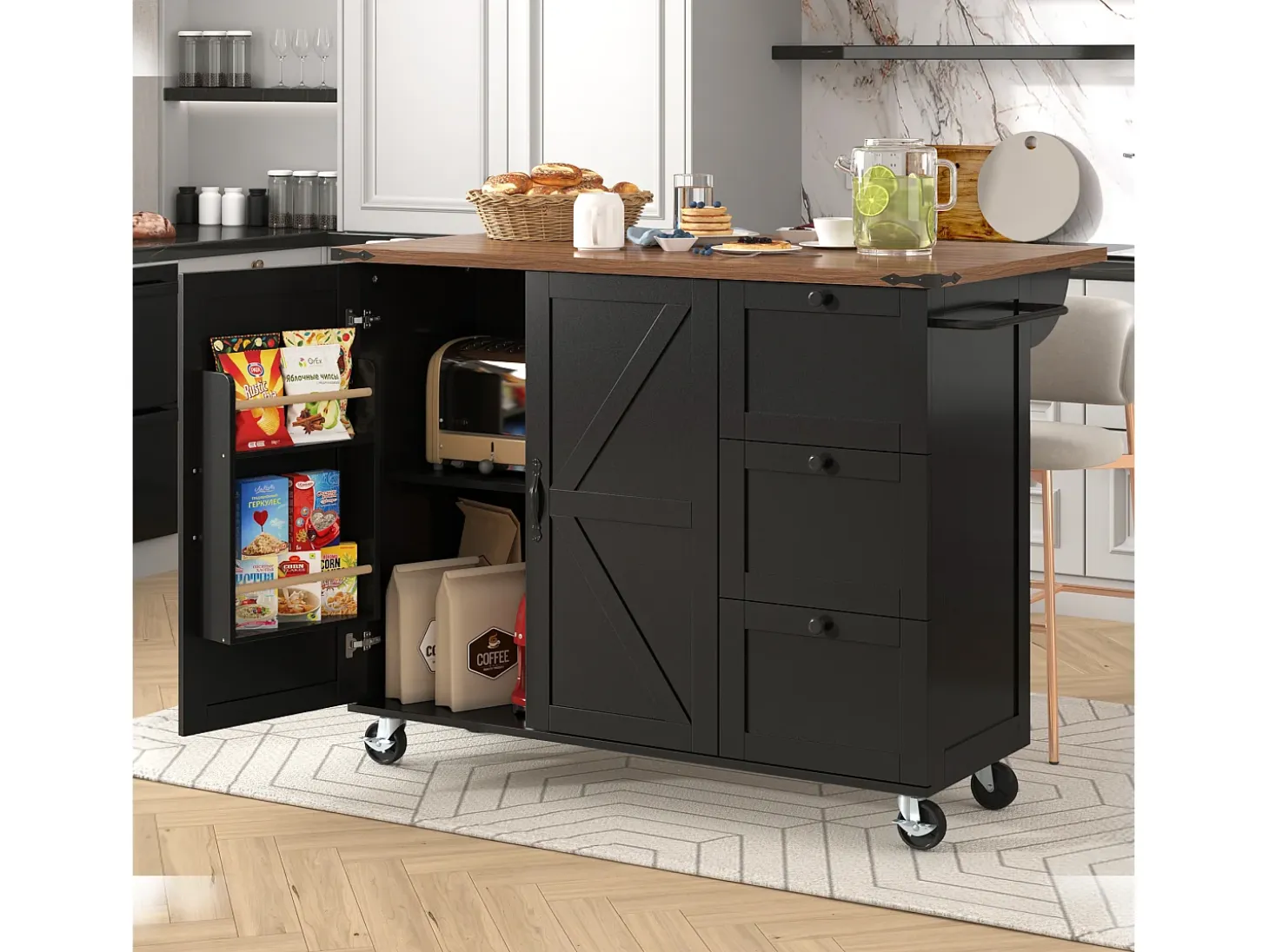 Isla de Cocina con Tablero Retroiluminado, Diseño Moderno, MDF, Negro y Nogal, con 2 Puertas y 3 Cajones (140x45x92,5 cm)