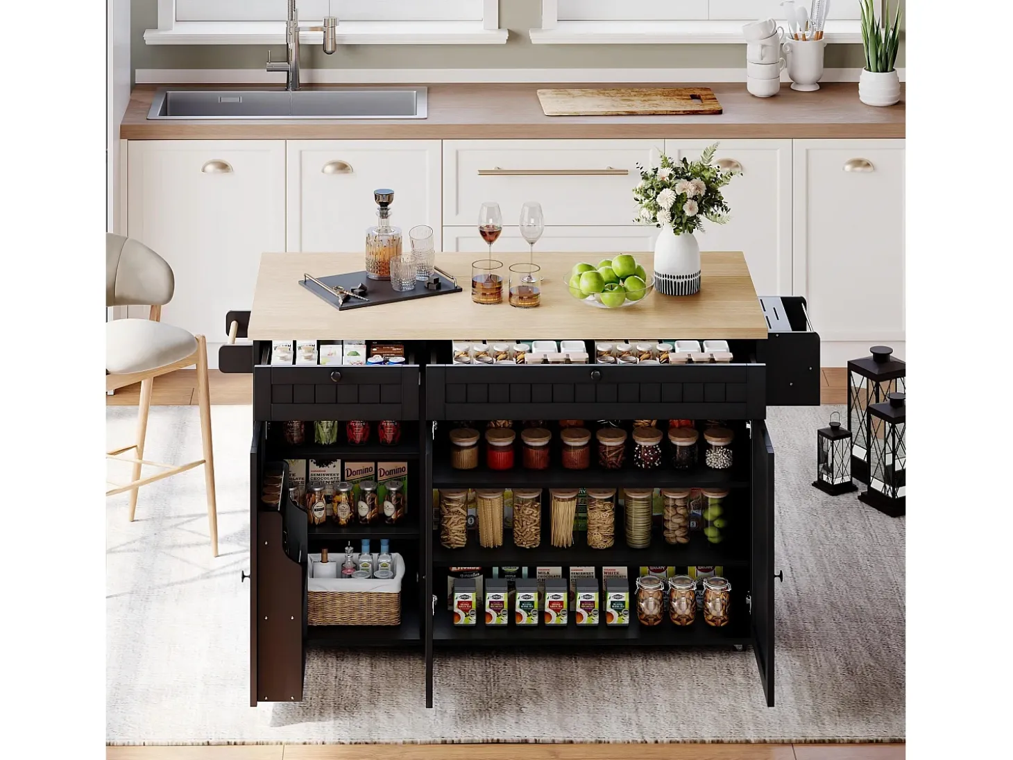 Isla de cocina con tapa plegable, 6 ruedas bloqueables y 2 cajones de almacenamiento - negro
