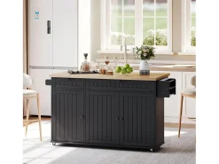 Isla de cocina con tapa plegable, 6 ruedas bloqueables y 2 cajones de almacenamiento - negro