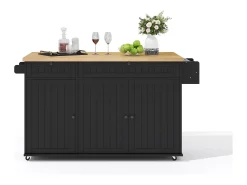Isla de cocina con tapa plegable, 6 ruedas bloqueables y 2 cajones de almacenamiento - negro