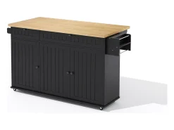 Isla de cocina con tapa plegable, 6 ruedas bloqueables y 2 cajones de almacenamiento - negro