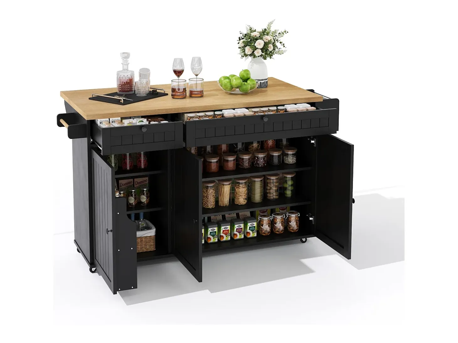 Isla de cocina con tapa plegable, 6 ruedas bloqueables y 2 cajones de almacenamiento - negro