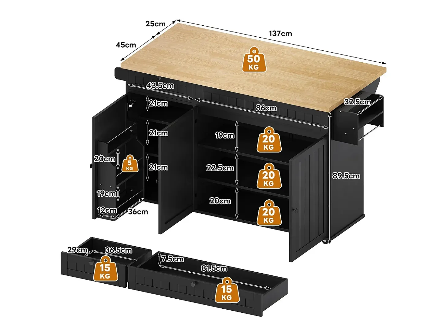 Isla de cocina con tapa plegable, 6 ruedas bloqueables y 2 cajones de almacenamiento - negro