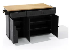Isla de cocina con tapa plegable, 6 ruedas bloqueables y 2 cajones de almacenamiento - negro