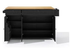 Isla de cocina con tapa plegable, 6 ruedas bloqueables y 2 cajones de almacenamiento - negro