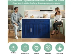 Isla de cocina con tomas de corriente, puertos USB, estantes ajustables y función de barra.