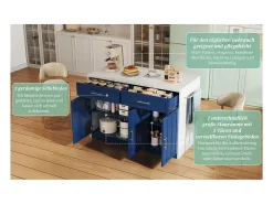 Isla de cocina con tomas de corriente, puertos USB, estantes ajustables y función de barra.