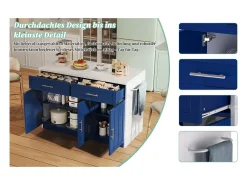 Isla de cocina con tomas de corriente, puertos USB, estantes ajustables y función de barra.