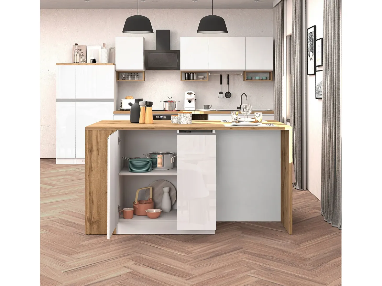 Isla de cocina efecto madera blanco brillo/roble 168x90x91 cm