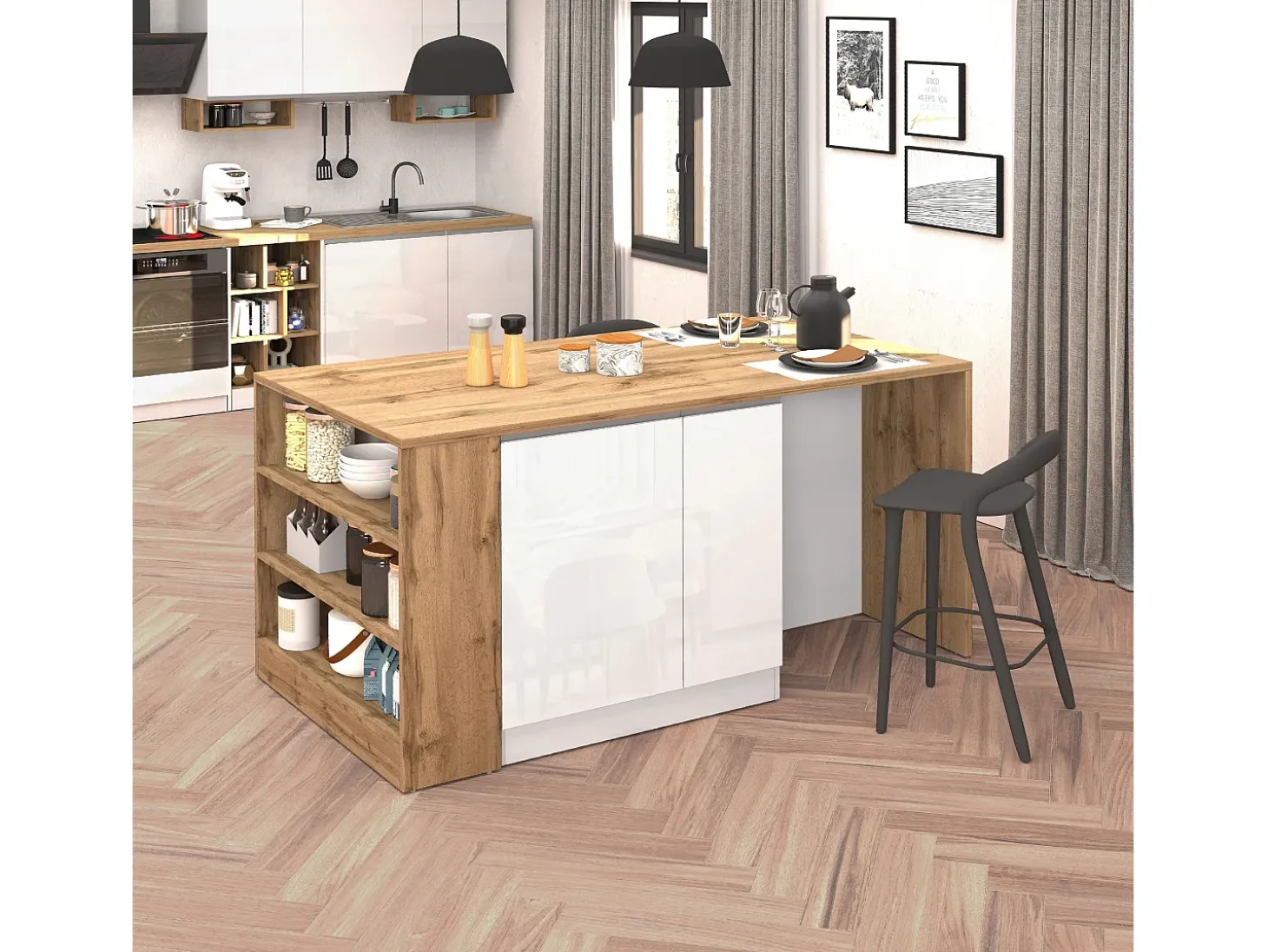 Isla de cocina efecto madera blanco brillo/roble 168x90x91 cm