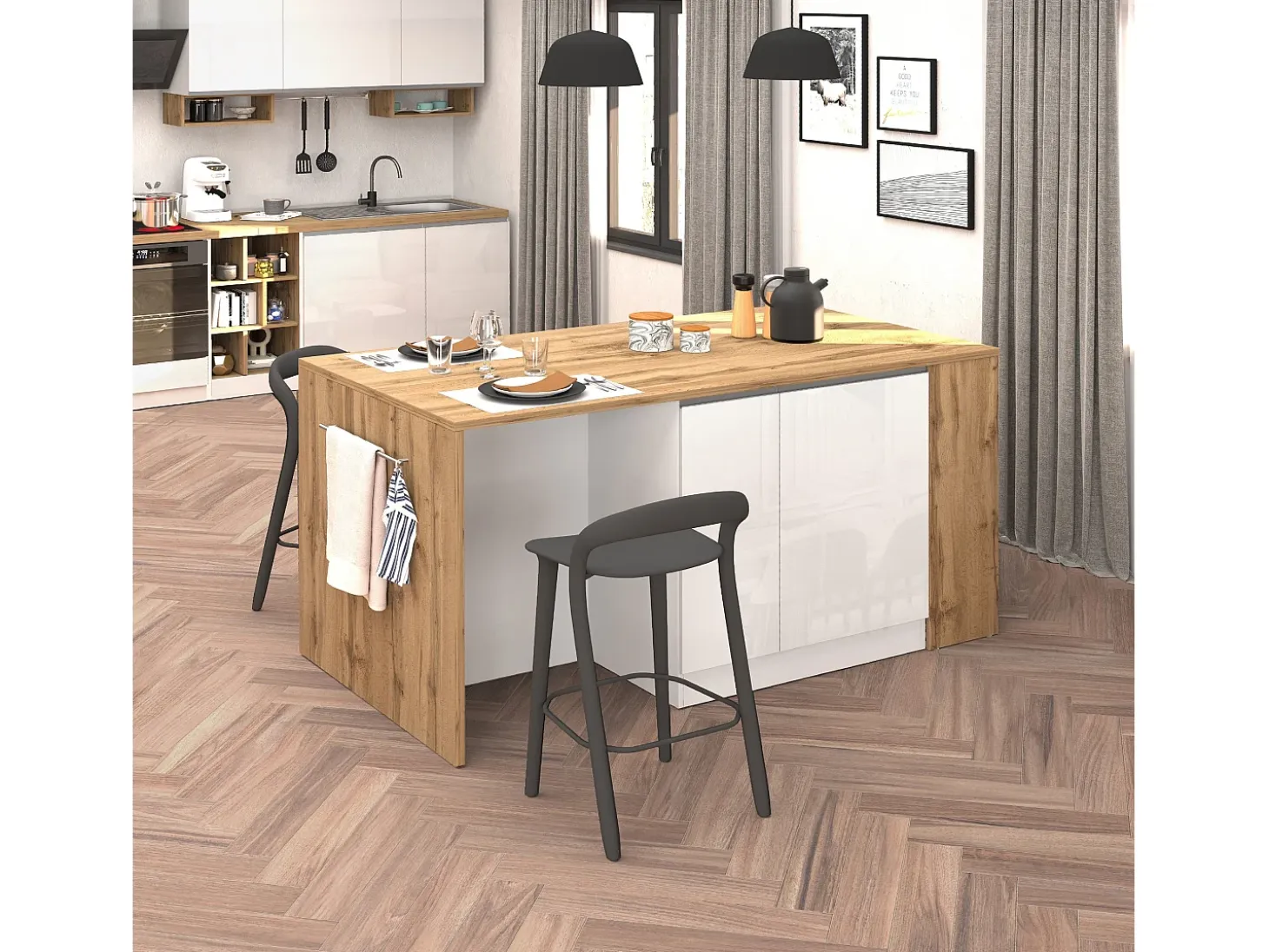 Isla de cocina efecto madera blanco brillo/roble 168x90x91 cm
