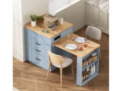 Isla de cocina extensible con ruedas - 125,5 x 71 x 93 cm - con puerta + cajones + LED - MDF - azul