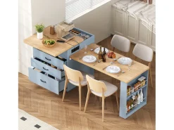Isla de cocina extensible con ruedas - 125,5 x 71 x 93 cm - con puerta + cajones + LED - MDF - azul
