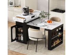 Isla de cocina extensible con ruedas y tablero abatible - 83 x 46 x 96 cm - mesa alta con puerta y cajón - MDF + cristal - negro