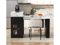 Isla de cocina extensible con ruedas y tablero abatible - 83 x 46 x 96 cm - mesa alta con puerta y cajón - MDF + cristal - negro