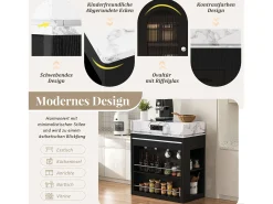 Isla de cocina extensible con ruedas y tablero abatible - 83 x 46 x 96 cm - mesa alta con puerta y cajón - MDF + cristal - negro