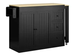 Isla de cocina extensible con ruedas - 112/186,8 x 45 x 93 cm - con estante + 3 cajones + 2 puertas - MDF - negro