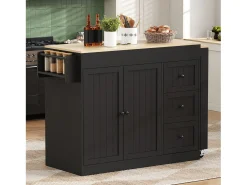 Isla de cocina extensible con ruedas - 112/186,8 x 45 x 93 cm - con estante + 3 cajones + 2 puertas - MDF - negro